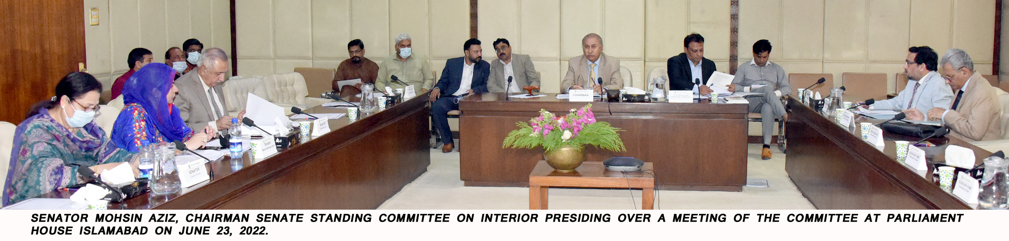 Senator Mohsin Aziz presiding over a meeting of the Senate Standing Committee on Interior, at Parliament House Islamabad on 23 June 2022.