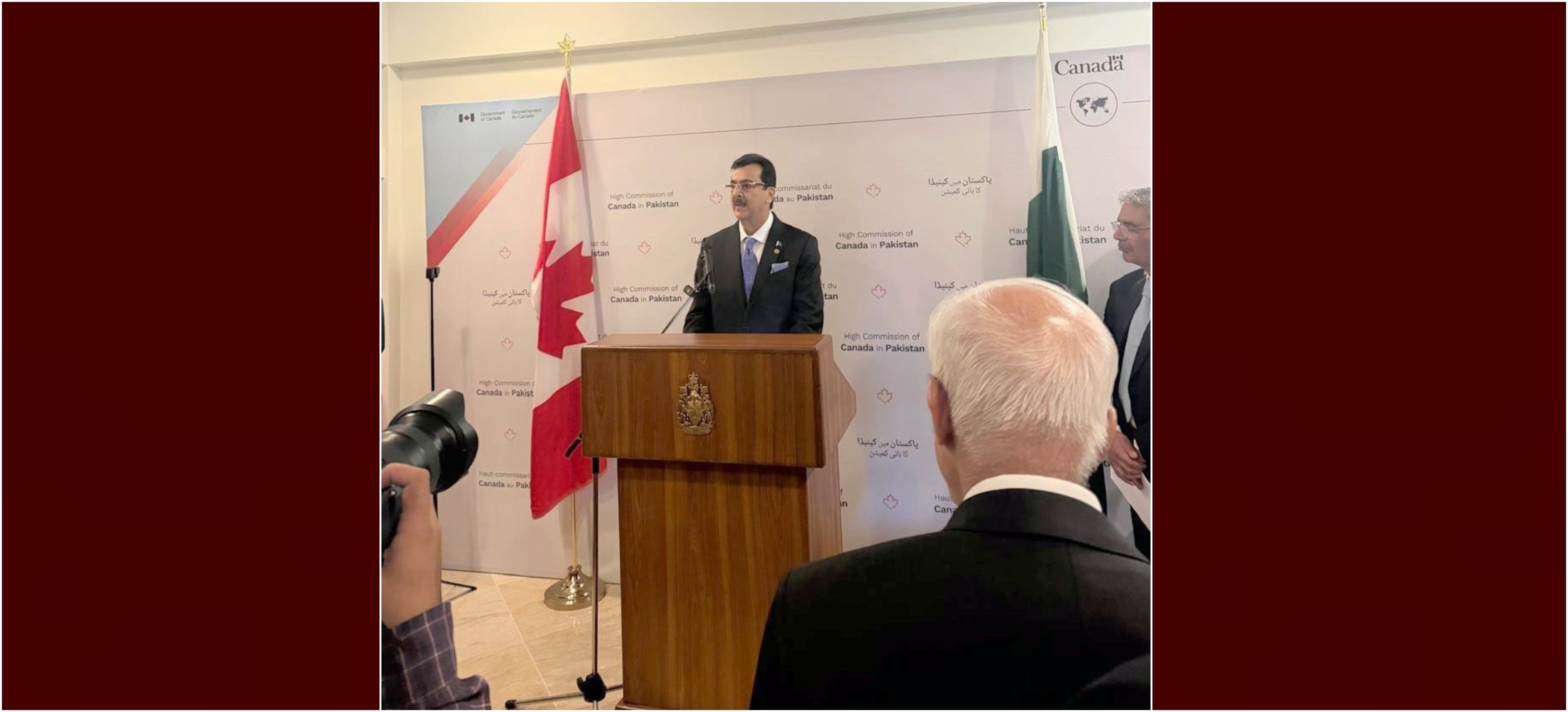 Chairman Senate Syed Yousaf Raza Gilani addressing as chief guest at a reception hosted in honour of Canada's Minister of Foreign Affairs, Ms. Anita Anand, at Canadian High Commission in Islamabad.