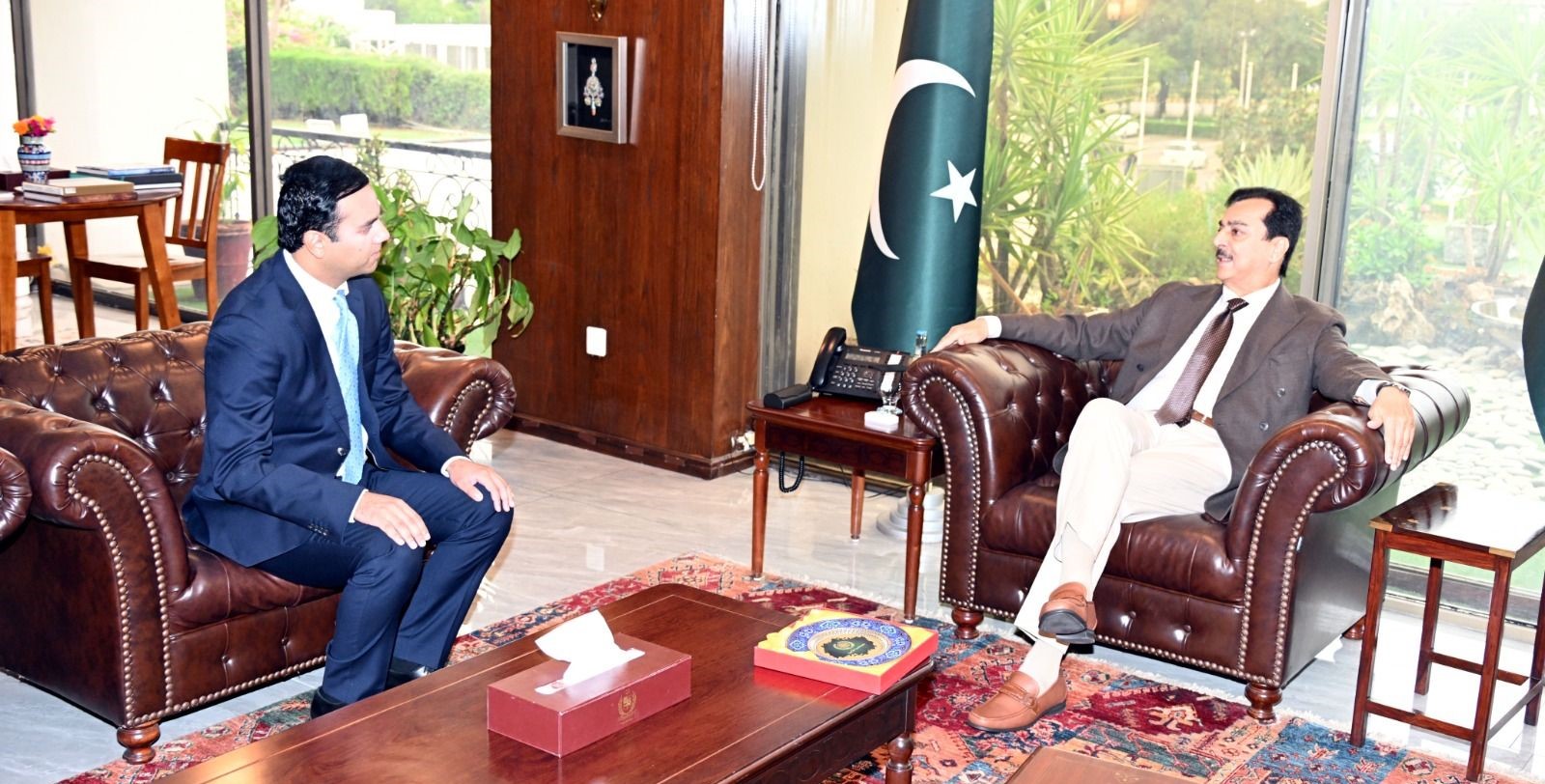 Chairman Senate Syed Yousaf Raza Gilani in a meeting with Mr. Umair Bhatti, Member of Council, Moderate Party (Moderaterna), Sweden at Parliament House Islamabad