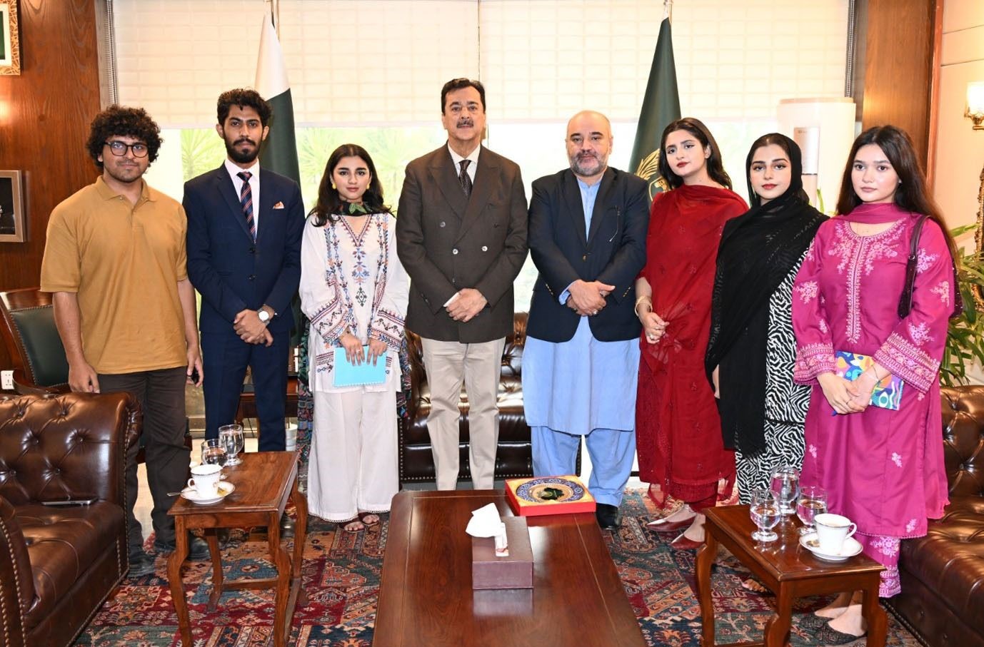 Chairman Senate, Syed Yousaf Raza Gilani in a group photo with delegation of the Sufism, Arts, Culture and Heritage (SACH) Institute, led by Peer Syed Mudassir Nazar Shah at Parliament House, Islamabad.