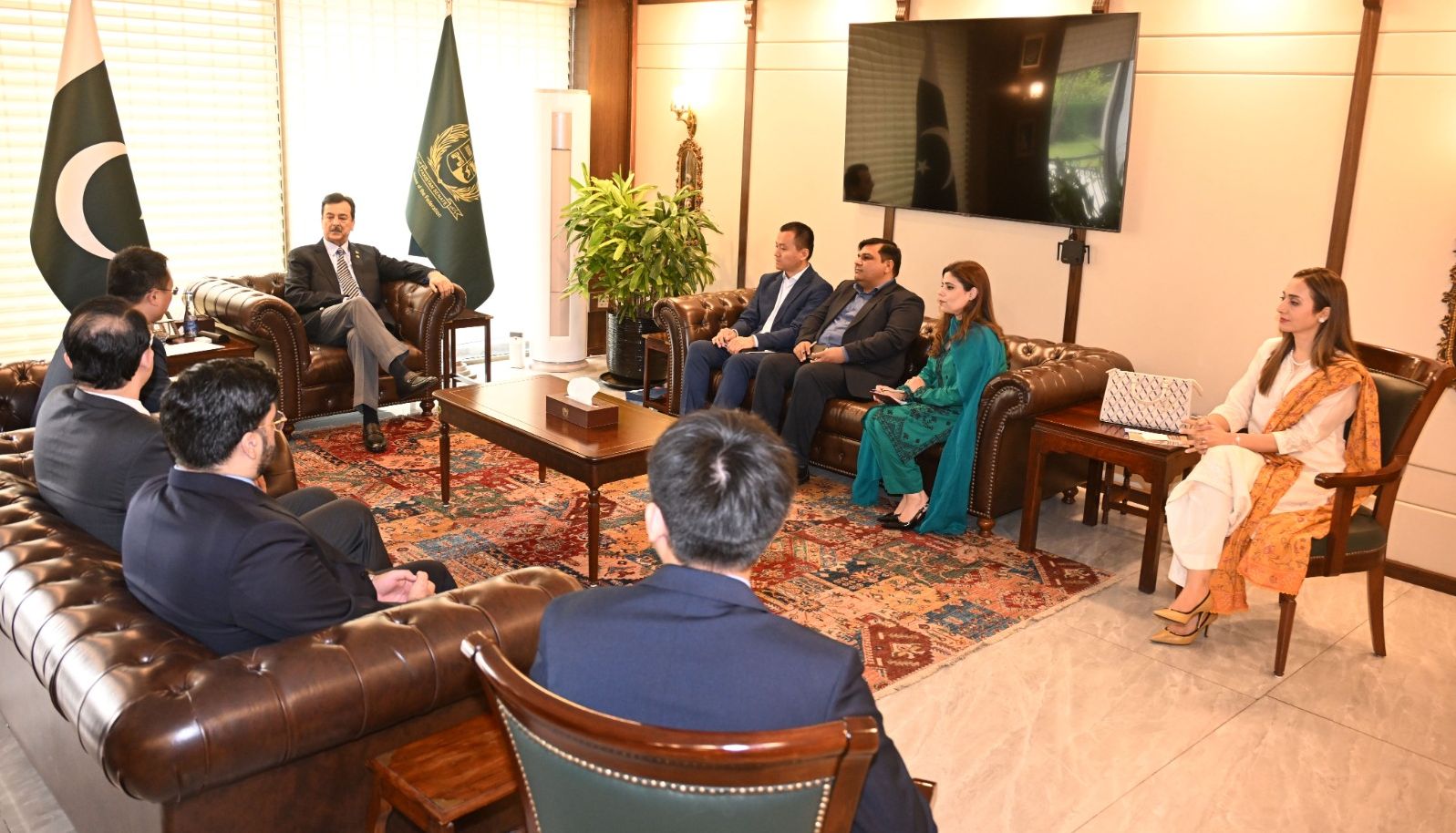 Chairman Senate, Syed Yousaf Raza Gilani in a meeting with Mr. Humza Tabani, Chairman, Tabani Group along-with delegation led by Mr. Xu Xiang, Chairman SDHS and Country Director, Mr. Wang Zhenrong at Parliament House, Islamabad