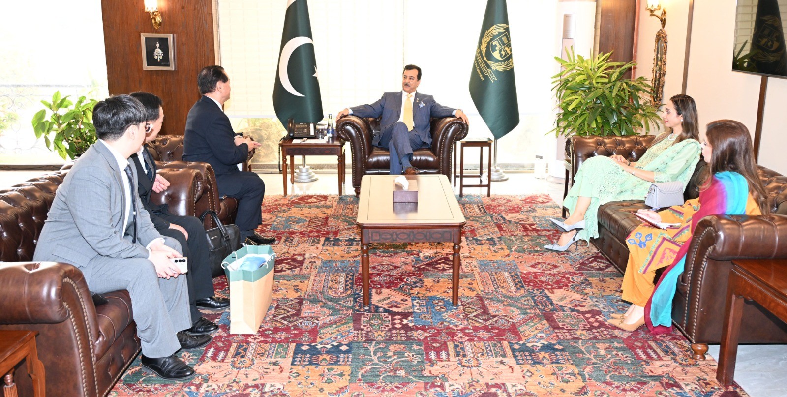 Chairman Senate, Syed Yousaf Raza Gilani in a meeting with Korean delegation led by Dr. Yang along-with Mr. Cho, CEO of KOA-BIO and the CEO and COO of Scale Sniper Company at Parliament House, Islamabad