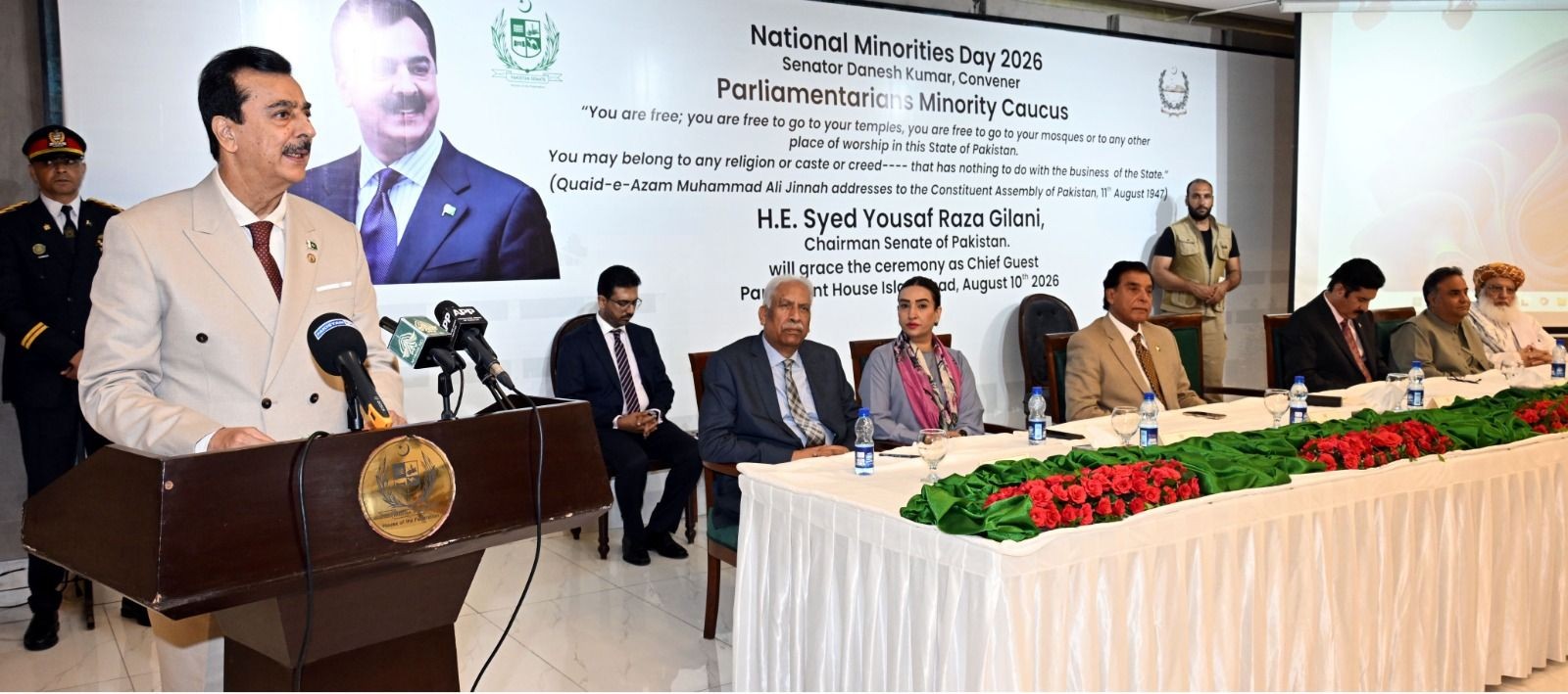 Chairman Senate, Syed Yousaf Raza Gilani addressing as Chief guest at a ceremony in connection with National Minorities Day at Parliament House, Islamabad