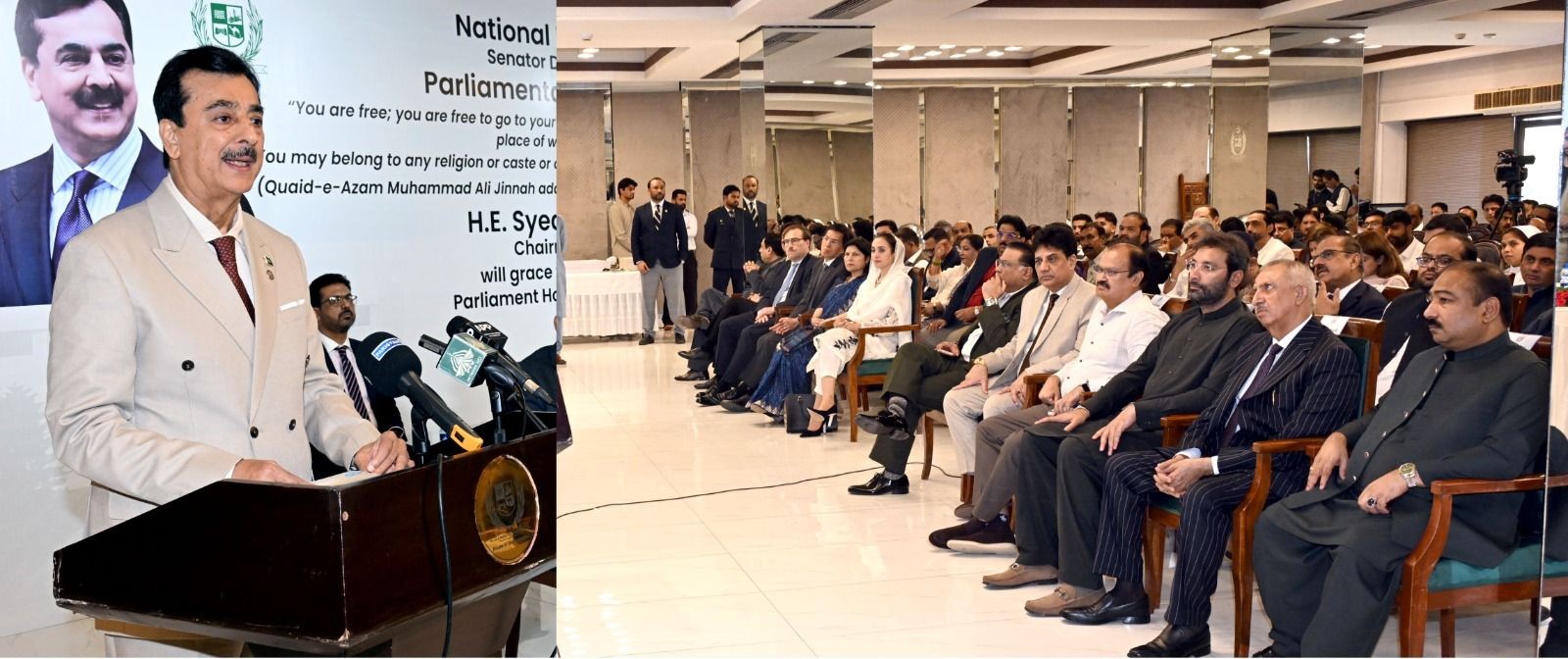 Chairman Senate, Syed Yousaf Raza Gilani addressing as chief guest at a ceremony in connection with National Minorities Day at Parliament House, Islamabad