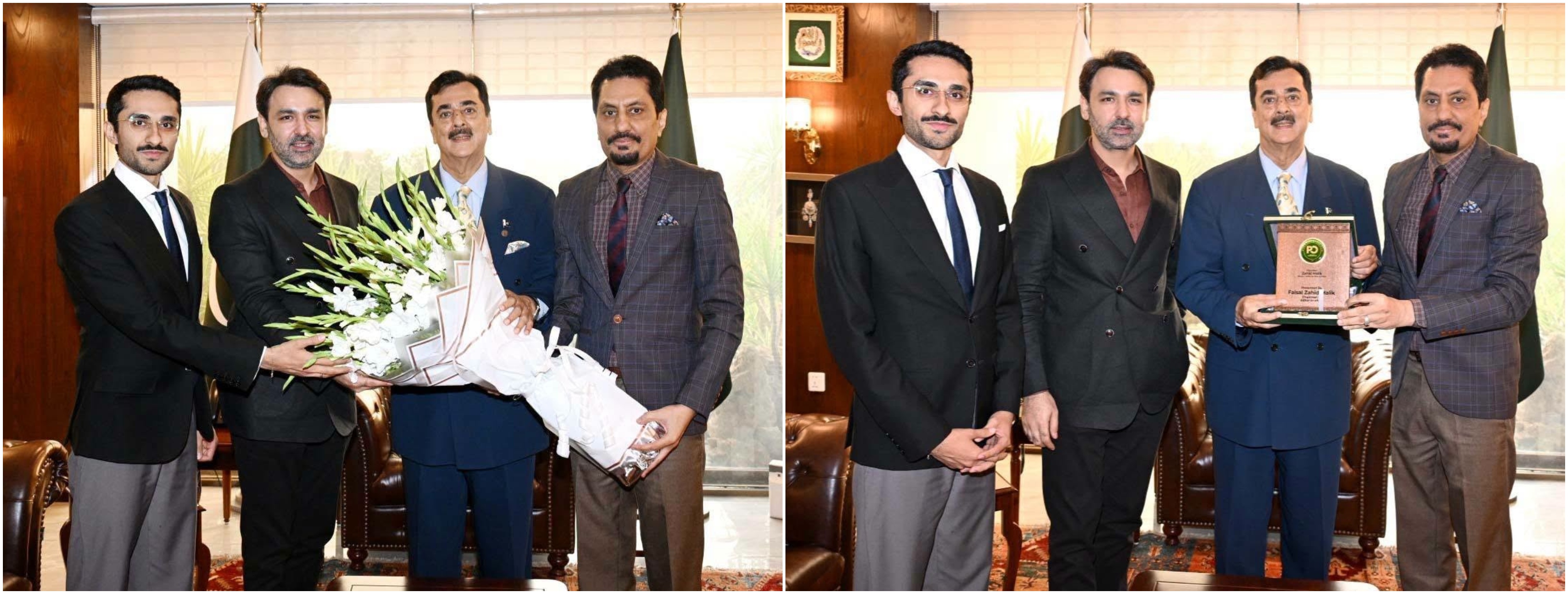 Mr. Faisal Zahid Malik, Chairman & Editor-in-Chief, Pakistan Observer presenting a shield and a bouquet to Chairman Senate Syed Yousaf Raza Gilani at Parliament House, Islamabad.