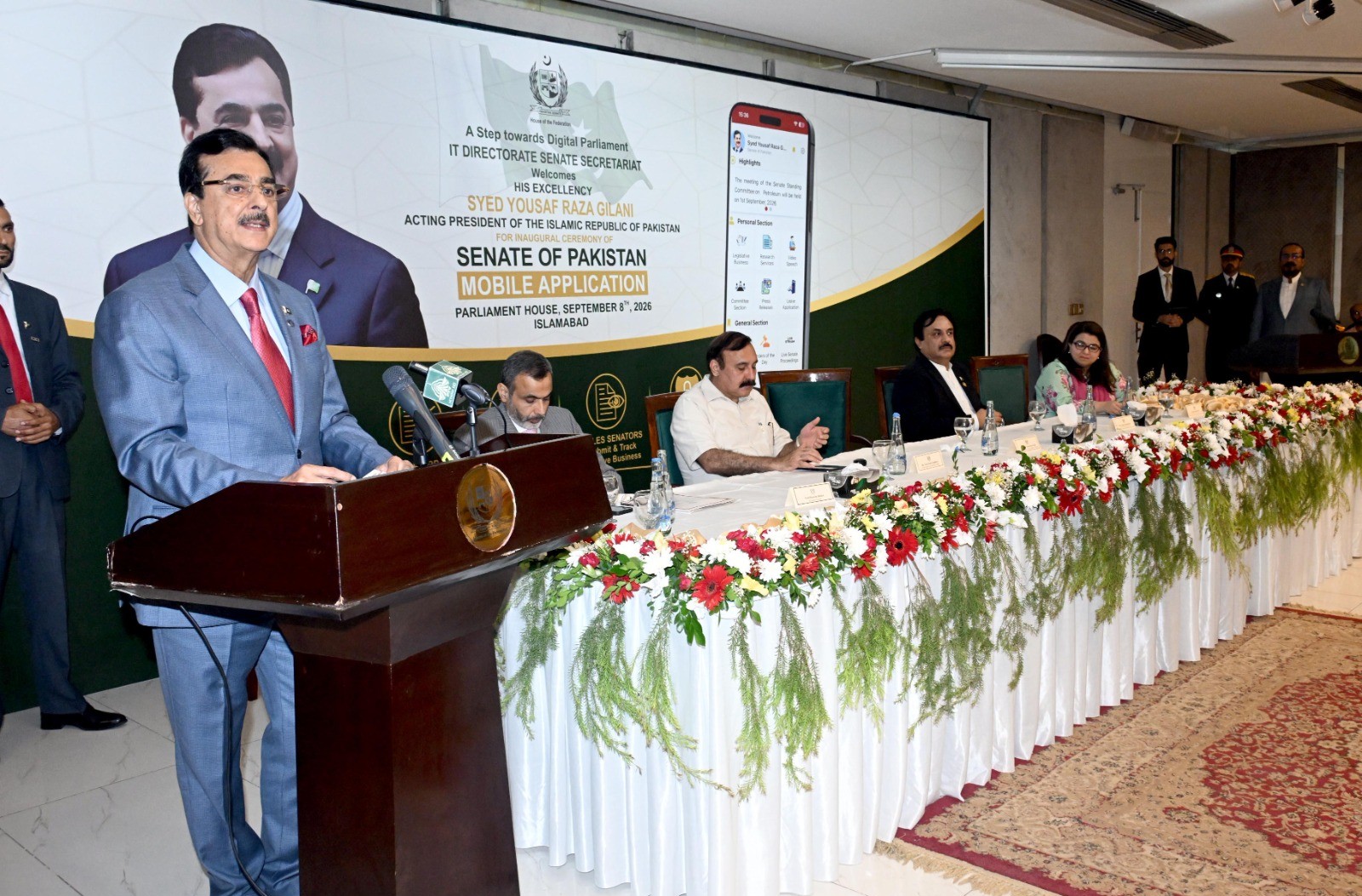 Acting President, Syed Yousaf Raza Gilani addressing as chief guest at the inaugural ceremony of the Senate of Pakistan mobile application at Parliament House, Islamabad