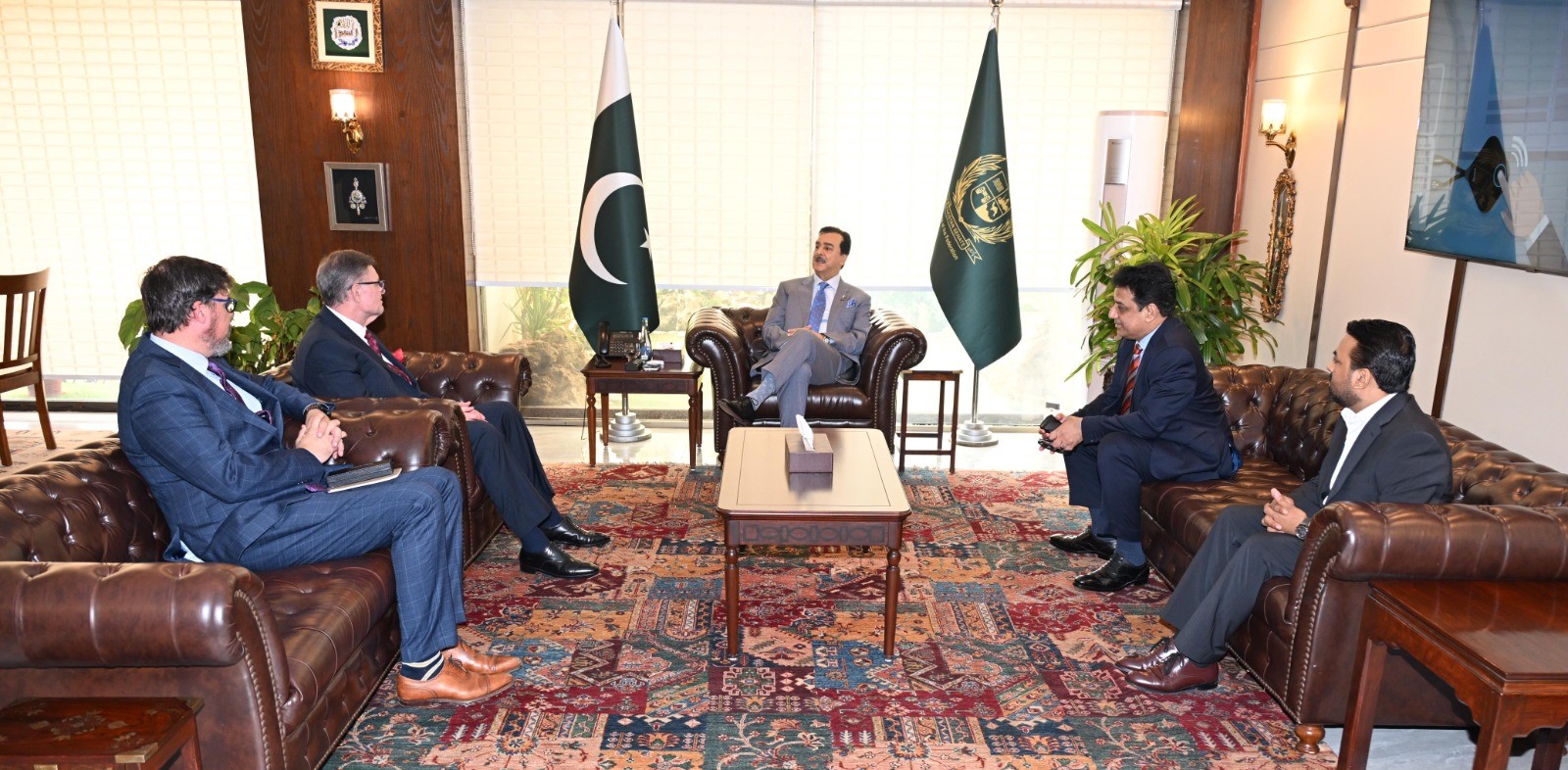 Chairman Senate, Syed Yousaf Raza Gilani in a meeting with Pastor Dr. Bob Roberts Jr. Founder, Multi-Faith Neighbors Network (MFNN), USA, Micah Fries, Director, Multi-Faith Neighbors Network (MFNN), USA and Senator Khalil Tahir Sandhu at Parliament House, Islamabad