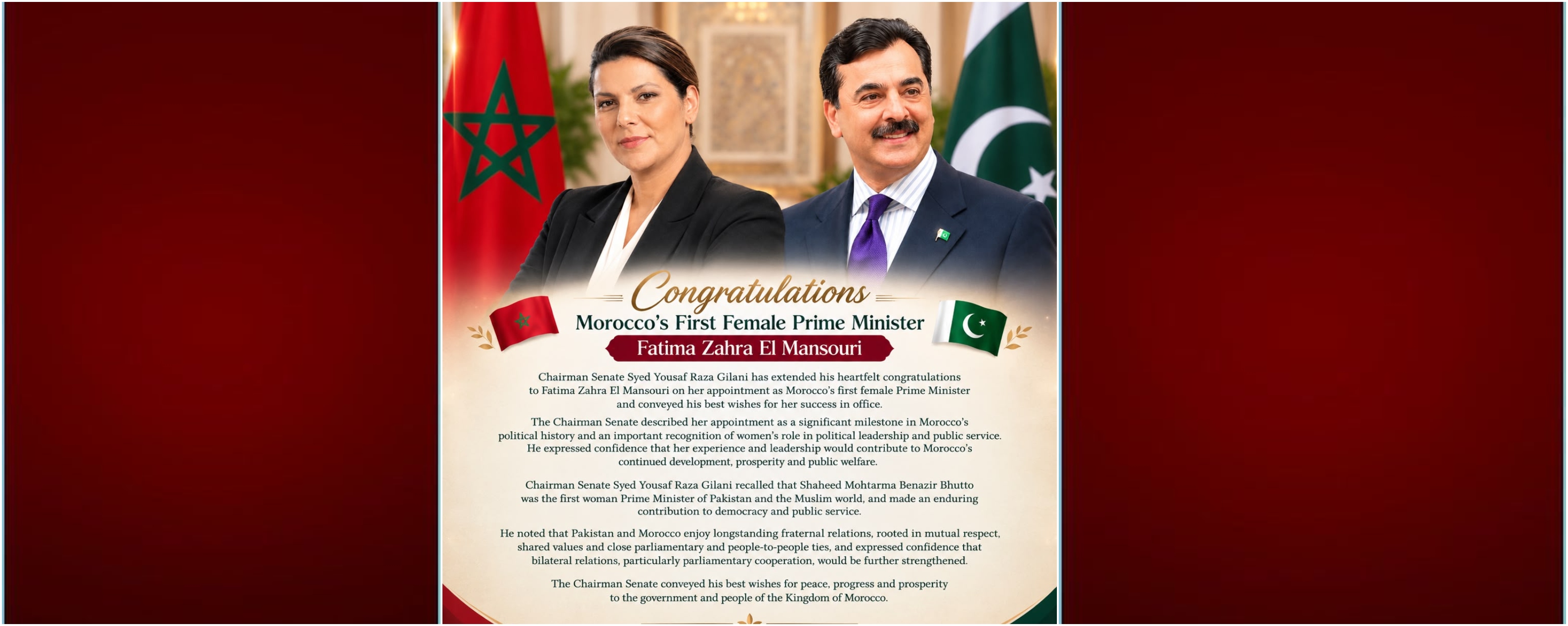 Chairman Senate Syed Yousaf Raza Gilani Congratulates Morocco’s First Female Prime Minister Fatima Zahra El Mansouri

